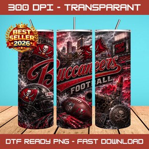May include: Three stainless steel tumblers with a Tampa Bay Buccaneers theme. The design includes the team logo, a football, a helmet, and the words "Buccaneers FOOTBALL". The tumblers have a red, black, and white color scheme.