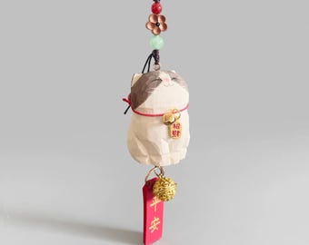 Japanischer Stil Lucky Maneki Neko Auto Spiegel Anhänger, Hand geschnitzte Holz Katze hängende Verzierung, Schutz Charme, Rückspiegel Dekor Geschenk
