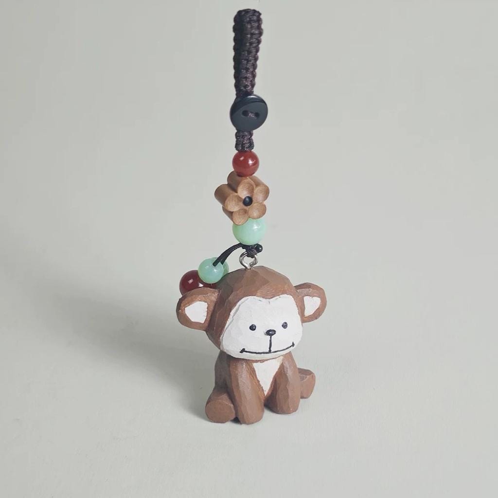 Japanese Style Monkey Wood Carving Keychain, Hand Carved Zodiac