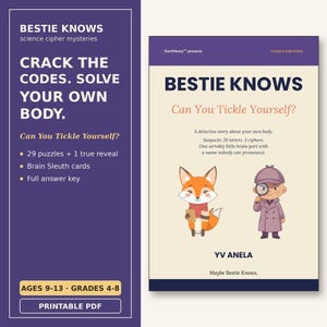 Peut inclure: Un livre intitulé Bestie Knows: Can You Tickle Yourself? avec un renard et un détective muni d'une loupe. La couverture contient du texte sur une histoire de détective, 26 lettres, 3 chiffres et une partie du cerveau. Le panneau latéral liste 29 énigmes.