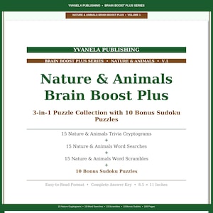 Nature & Animals Brain Boost Plus 3-in-1 45 Puzzle Collection with 10 Bonus Sudoku Puzzles: Trivia Cryptograms, Word Searches, Scrambles PDF