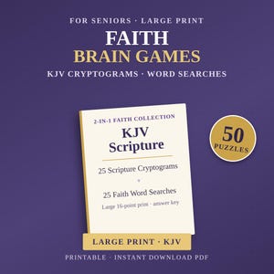 Large Print Faith Brain Games for Seniors | KJV Cryptograms, Word Searches (Printable PDF)