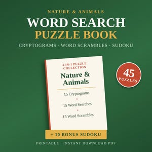 以下が含まれることがあります： Nature & Animalsのワードサーチパズルブック。クリプトグラム、ワードスクランブル、数独が含まれています。白い表紙には濃い緑色の文字、45パズルと書かれた赤い円形のバッジ、10個のボーナス数独を示す黄色い帯がデザインされています。
