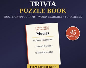 Filmquiz-pusselbok | Citatkryptogram, ordsökningar, pussel (PDF-nedladdning)