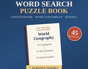 Världsgeografisk pusselbok | Ordsökning, kryptogram, ordförvrängning, Sudoku (utskrivbar PDF)