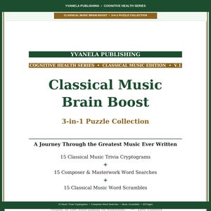 May include: A white book cover with the title "Classical Music Brain Boost" in large green letters. The book is part of the "Cognitive Health Series" and includes 3-in-1 puzzles: trivia, word searches, and scrambles.