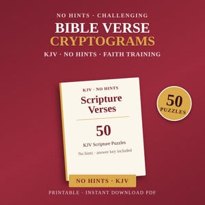 May include: A digital product cover for Bible Verse Cryptograms featuring a deep red background with white and gold text. The central white page displays the title Scripture Verses, 50 KJV Scripture Puzzles, and a circular badge stating 50 PUZZLES.