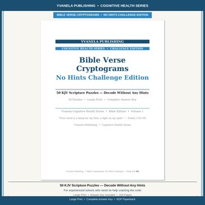 Pode incluir: Capa do livro "Bible Verse Cryptograms: No Hints Challenge Edition" da Yvanela Publishing. O título em azul, com texto adicional que descreve os quebra-cabeças e suas características.