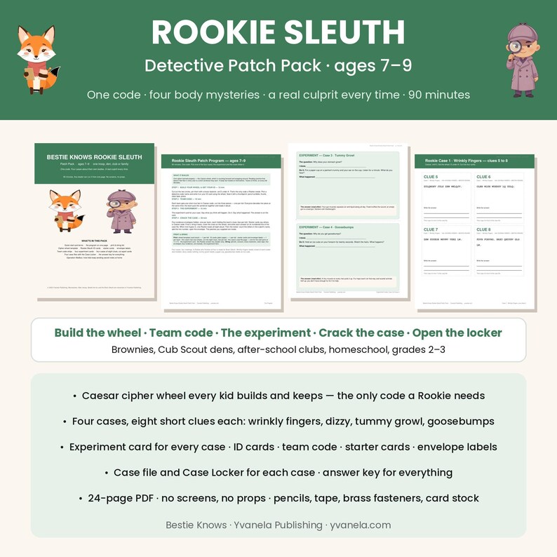May include: A Rookie Sleuth Detective Patch Pack for ages 7-9, featuring four printable pages with a fox and detective illustration. The text includes details on a Caesar cipher wheel, four cases with eight clues each, experiment cards, ID cards, and a 24-page PDF.