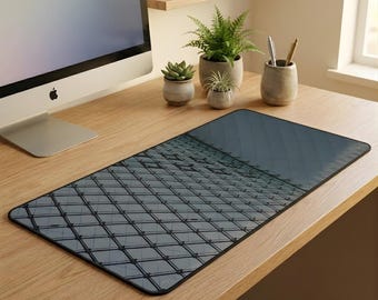 Architectural Grid Glass Desk Mat – Teal Modern Office Decor, Gaming Setup