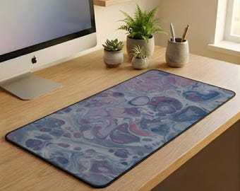 Marble Run Desk Mat – Blue Pink Fluid Abstract Mousepad, Office Keyboard Pad