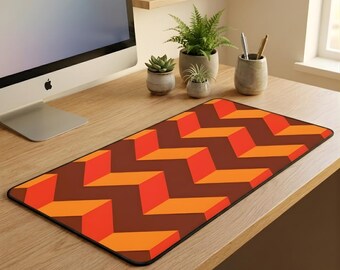 Orange Brown Chevron Desk Mat – Retro Abstract Mousepad, Warm Office Decor