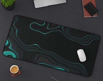 Neon Teal Topographic Desk Mat | Dark Abstract Mouse Pad | Modern Office Decor