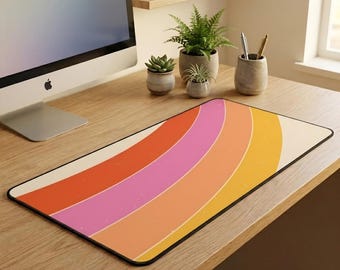Retro Rainbow Arc Desk Mat – 70s Sunset Abstract Mousepad, Office Decor