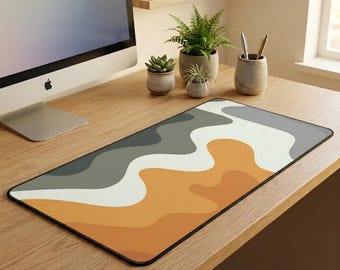 Topographic Wave Desk Mat | Grey Yellow Abstract Mouse Pad | Contour Bloom Design