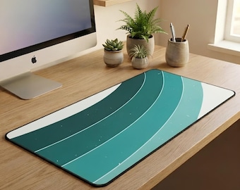Monochrome Teal Ombre Wave Desk Mat | Retro Gradient Mouse Pad