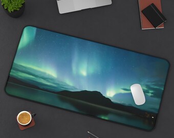 Northern Lights Desk Mat – Aurora Borealis Photography Mousepad, Serene Lake Office Decor