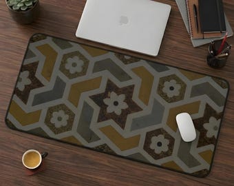 Moroccan Geometric Desk Mat – Gold Tile Abstract Boho Office Decor