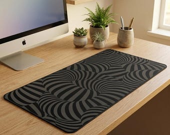 Op Art Swirl Desk Mat | Black White Abstract Mouse Pad | Large Keyboard Pad