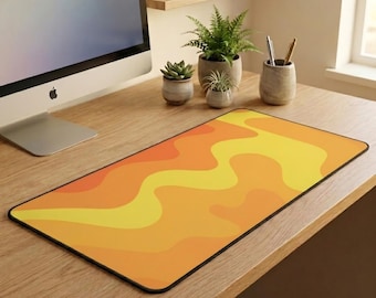 Topographic Wave Desk Mat | Orange Yellow Abstract Mouse Pad | Contour Ember Design