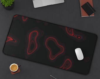 Neon Red Topographic Desk Mat | Dark Abstract Mouse Pad | Large Keyboard Pad