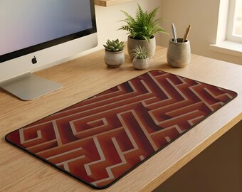 Orange Geometric Desk Mat | Abstract Maze Mouse Pad | Office Decor