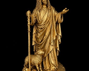8'' Gold Yeshua Statue | Black Jesus Christ Shepherd Figurine | Hebrew Messiah Sculpture | Biblical Faith| Christian Gift | Religious Statue