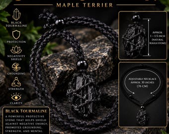 Black Tourmaline Crystal Necklace, Raw Tourmaline Stone Pendant, Adjustable Macrame Crystal Necklace, Maple Terrier Crystal Collection