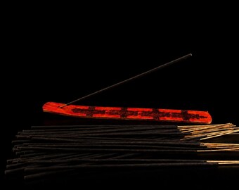 Dragon’s Blood Stained Eshu Veve Engraved Incense Holder Set | Includes 13 Frankincense & Myrrh Incense Sticks | Spiritual Altar Decor