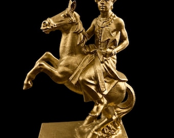 8 Inch Chango Statue on Horseback – Gold Finished Spiritual Warrior Figure – Hand Painted Stone/Clay Texture – Orisha Decor Altar Piece