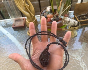 Black Obsidian Crystal Necklace, Raw Stone Pendant, Adjustable Macrame Crystal Necklace, Maple Terrier Crystal Collection