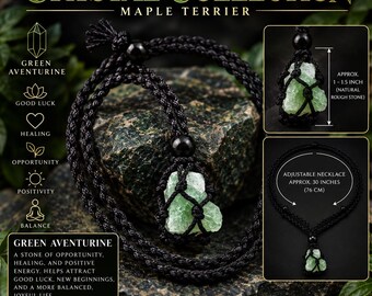 Green Aventurine Crystal Necklace, Raw Green Aventurine Stone Pendant, Adjustable Macrame Crystal Necklace, Maple Terrier Crystal Collection