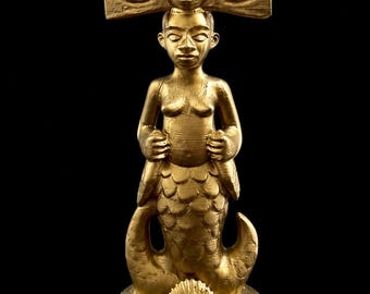 Yemaya Mermaid Statue, 8 Inch Gold Finish, Hand Painted Stone Texture, Altar Decor