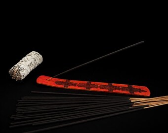 Dragon’s Blood Stained Eshu Veve Engraved Incense Holder Set | White Sage Bundle & 13 Frankincense and Myrrh Incense Sticks | Altar Gift