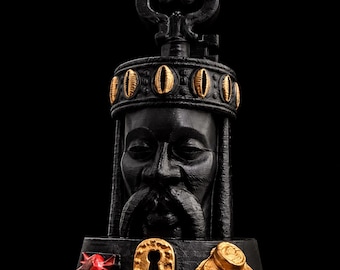 5-Inch Lucky Eshu Key Head Statue –Black & Gold Eshu Decor, Opener of Roads, Spiritual Altar Piece, Cowrie Shell Crown, African Inspired Art