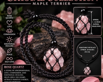 Rose Quartz Crystal Necklace, Raw Rose Quartz Stone Pendant, Adjustable Macrame Crystal Necklace, Maple Terrier Crystal Collection