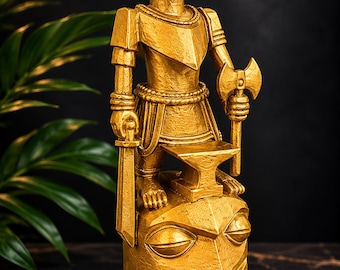 Ogun / Ogou Feray African Warrior Statue – 8 Inch Hand-Painted Stone Texture and Finished with Gold Acrylic | Yoruba Orisha & Haitian Vodou