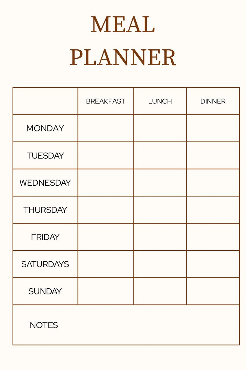 Simple Weekly Meal Planner Template - Etsy