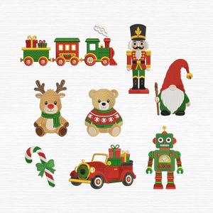 May include: A collection of embroidered Christmas-themed patches featuring a green and red train, a nutcracker, a gnome with a red hat, a reindeer with a green scarf, a teddy bear in a patterned sweater, a candy cane, a red car with gifts, and a robot.
