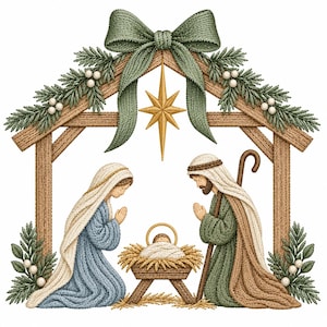Peut inclure: Une scène de nativité brodée représentant une crèche centrale avec un bébé, flanquée de deux personnages en robes bleue et verte agenouillés en prière. L'ensemble est encadré par une structure en bois ornée de branches de pin, de baies blanches et d'un grand nœud vert, avec une étoile dorée suspendue au centre.