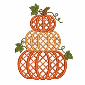 May include: An embroidery design featuring a stack of three pumpkins with a lattice pattern. The pumpkins are orange and light orange, topped with a brown stem and green leaves with curling vines extending from the sides of the stack.