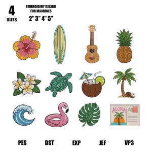 Op de afbeelding: Borduurontwerp voor machines met tropische elementen. Inclusief een hibiscusbloem, surfboard, ukulele, ananas, plumeria, zeeschildpad, kokosdrank, palmboom, golf, flamingo-drijver, monstera-blad en een ansichtkaart. Verkrijgbaar in 4 maten.