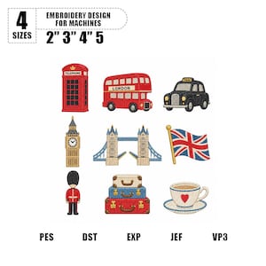 Könnte beinhalten: Ein digitales Stickmuster-Set mit neun London-Motiven: eine rote Telefonzelle, ein roter Doppeldeckerbus, ein schwarzes Taxi, Big Ben, die Tower Bridge, eine Union-Jack-Flagge, eine Wache, gestapelte Koffer und eine Teetasse mit rotem Herz.