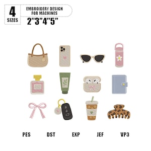 Clean Girl Embroidery Design Bundle, Girly Aesthetic Mini Machine Embroidery, Purse Perfume Sunglasses Bow Coffee Beauty DST EXP JEF VP3