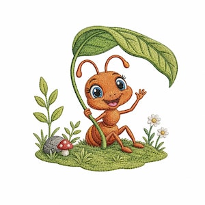 May include: An embroidered design featuring a cartoon ant with a brown body and large blue eyes, holding a large green leaf overhead like an umbrella. The ant sits on a patch of green grass with a small red mushroom, a gray stone, and white flowers.
