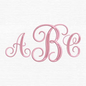 以下が含まれることがあります： 文字A、B、Cは、淡いピンク色の筆記体で刺繍風のフォントで表示されています。各文字には複雑な渦巻き模様があり、布地に縫い付けられた糸のような質感とステッチの外観が表現されています。