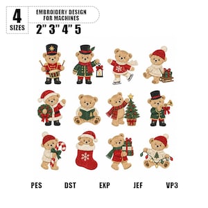 Könnte beinhalten: Ein digitales Stickmuster-Set mit zwölf hellbraunen Teddybären in verschiedenen weihnachtlichen Outfits und Posen, darunter ein Trommler, ein Bär mit Laterne, ein Schlittschuhläufer und ein Bär mit Geschenk. Text: 4 SIZES 2" 3" 4" 5".