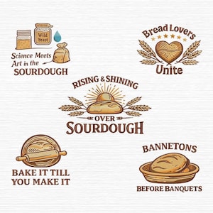 May include: A collection of illustrated sourdough bread-themed logos. The logos feature images of bread, wheat, and baking tools, with text such as "Science Meets Art in the Sourdough" and "Bread Lovers Unite". The color palette is primarily brown and beige.