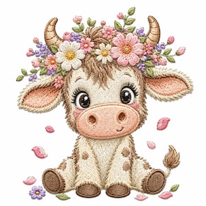 May include: An embroidered patch featuring a cream-coloured calf with brown spots, large dark eyes, and long eyelashes. The calf wears a crown of pink, white, and purple flowers with green leaves. Scattered pink petals and small flowers surround the base.