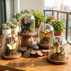 May include: Four glass cloches showcasing butterflies and natural elements. Each dome features a butterfly, pinecone, and greenery on a wooden base. The butterflies display various colors, including blue, orange, and yellow. The arrangement is set on a wooden table.